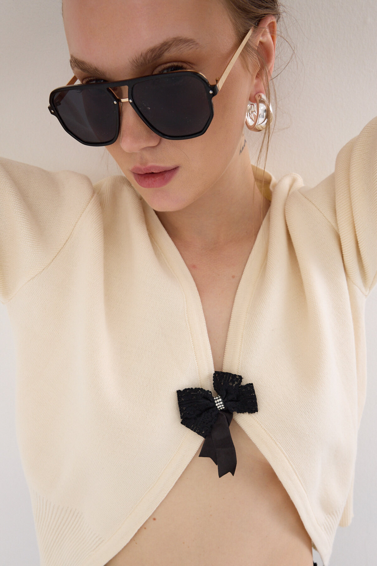 Natural Fiyonk Detaylı Crop Triko Kadın Bluz 2415 - 4