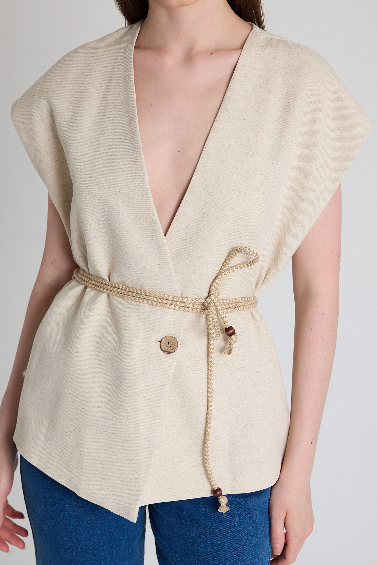Natural Hasır Kemerli V Yaka Kısa Kollu Ceket Yelek 2378 - RAYS