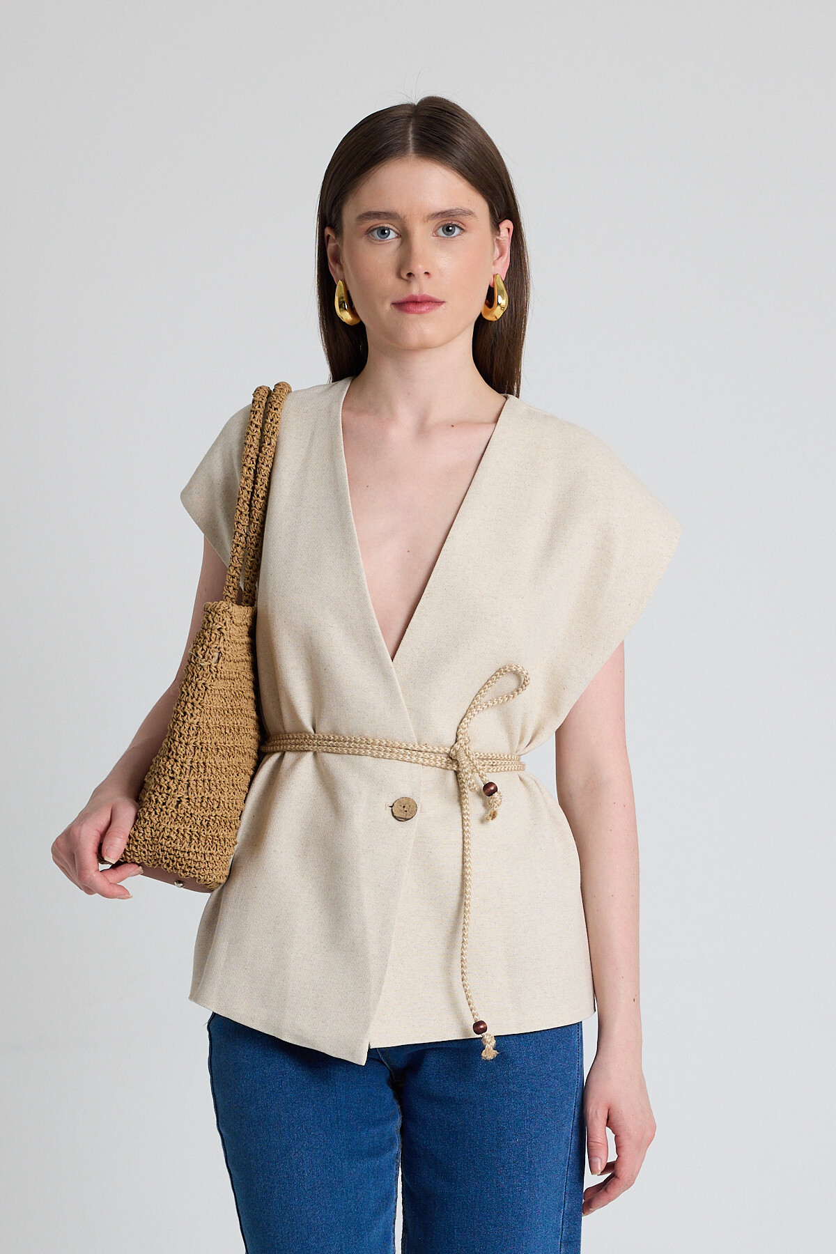 Natural Hasır Kemerli V Yaka Kısa Kollu Ceket Yelek 2378 