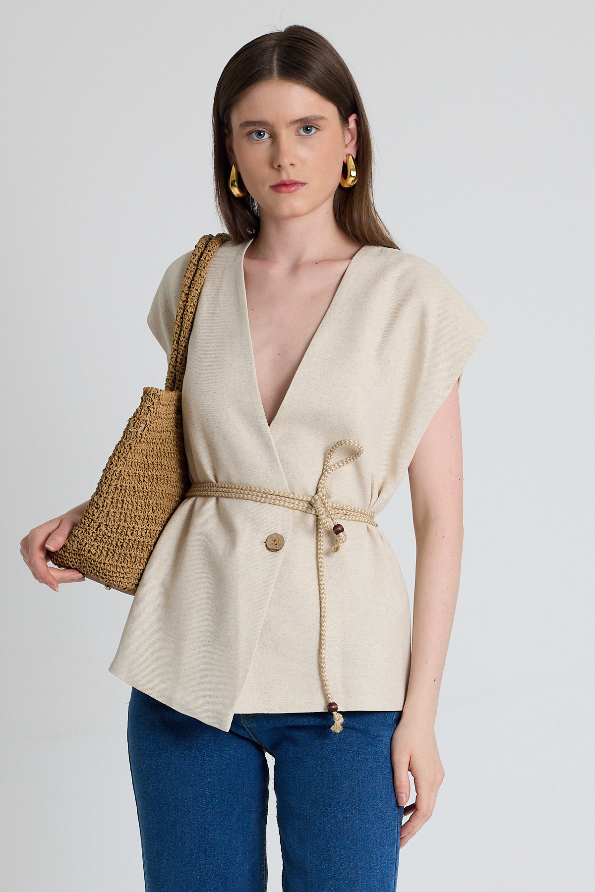 Natural Hasır Kemerli V Yaka Kısa Kollu Ceket Yelek 2378 - 2