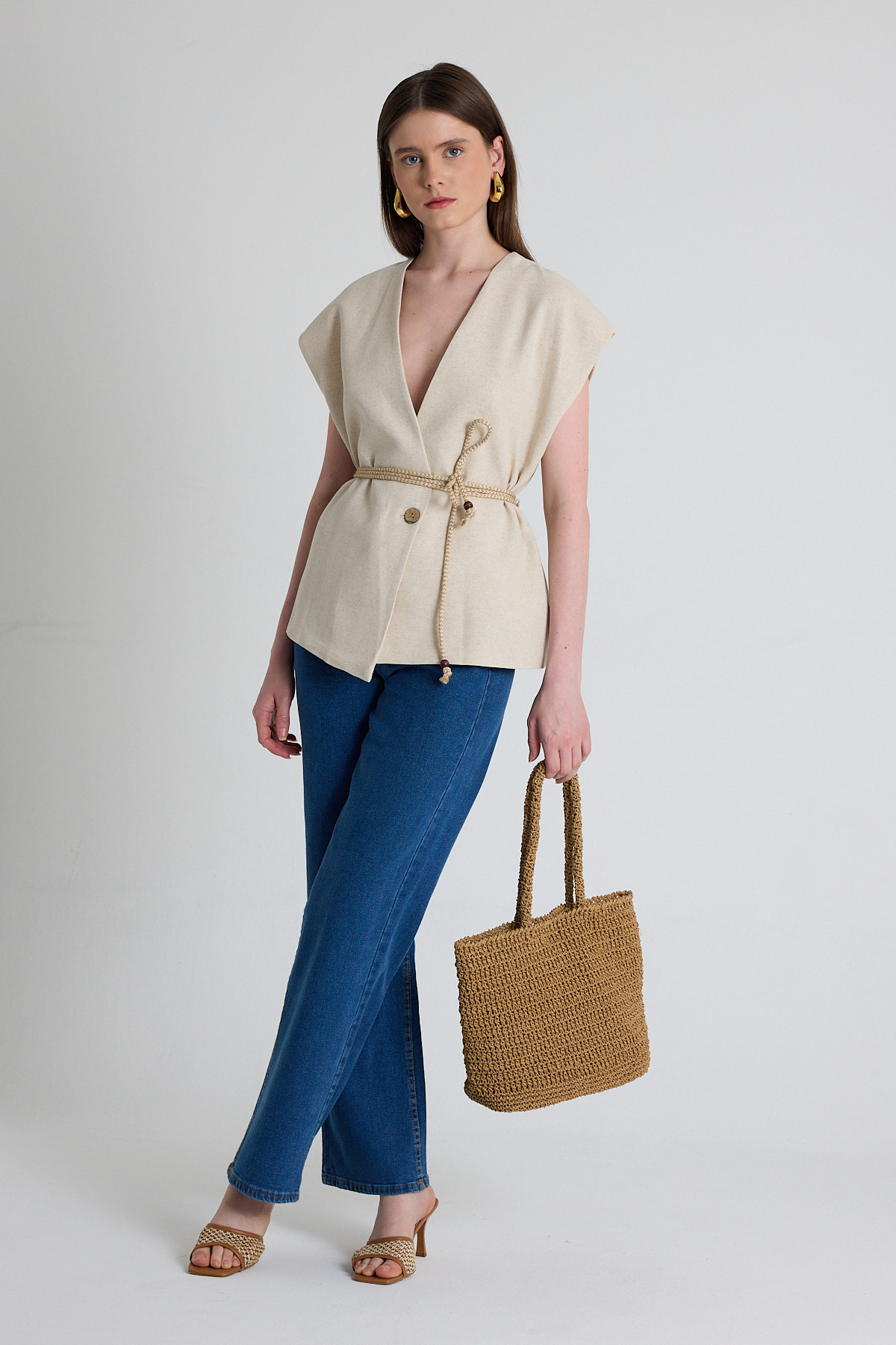 Natural Hasır Kemerli V Yaka Kısa Kollu Ceket Yelek 2378 - 3