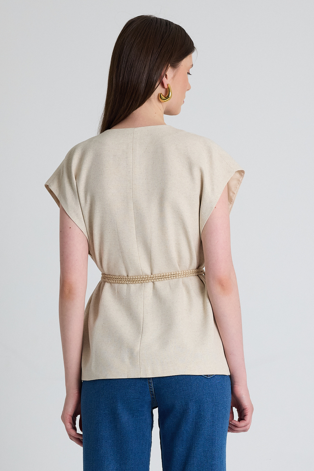 Natural Hasır Kemerli V Yaka Kısa Kollu Ceket Yelek 2378 - 5