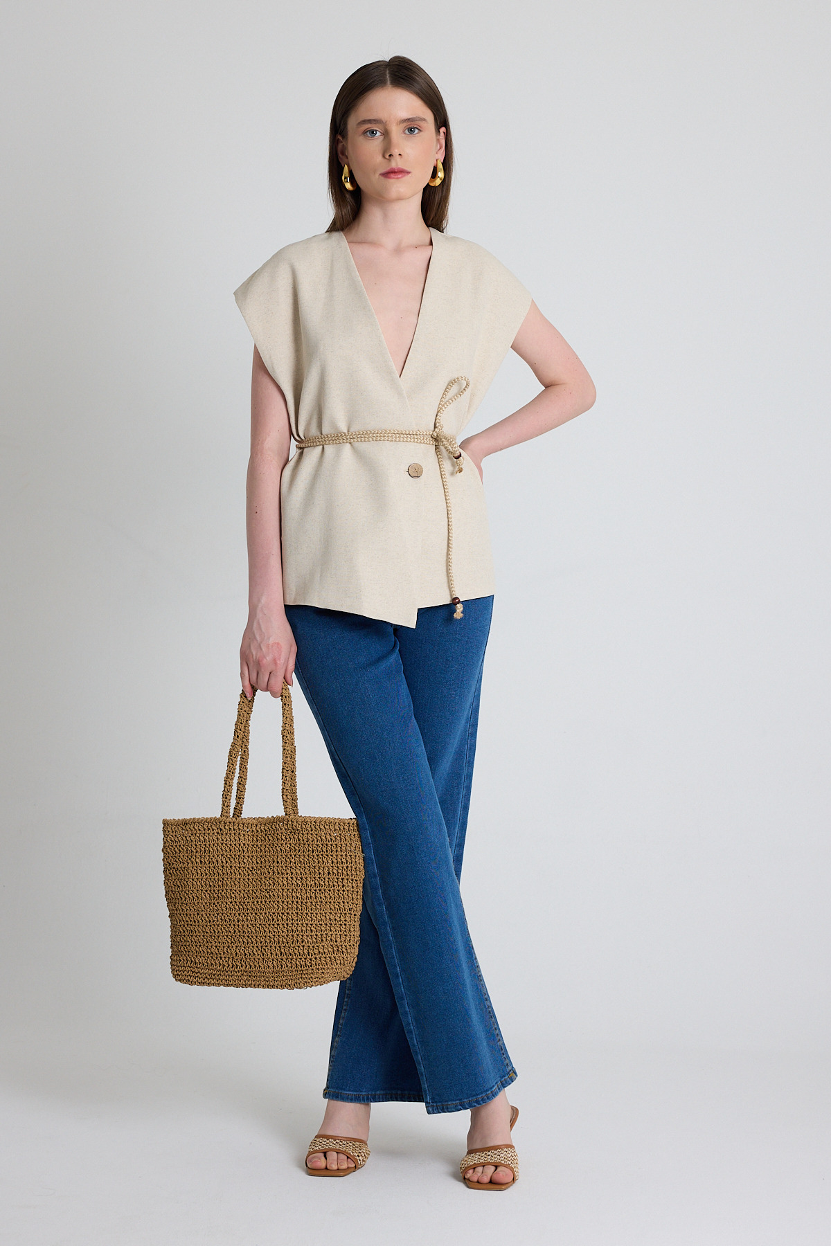 Natural Hasır Kemerli V Yaka Kısa Kollu Ceket Yelek 2378 - 6