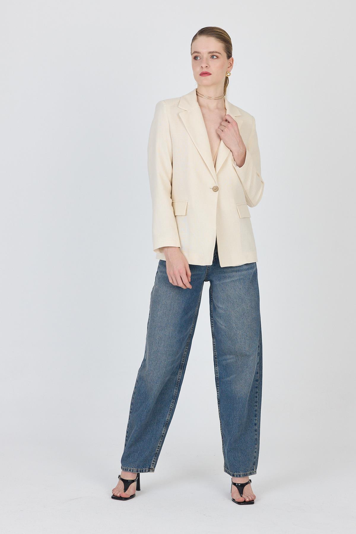 Natural Keten Görünümlü %100 Pamuk Astarlı Blazer Ceket 6023-3 - 3