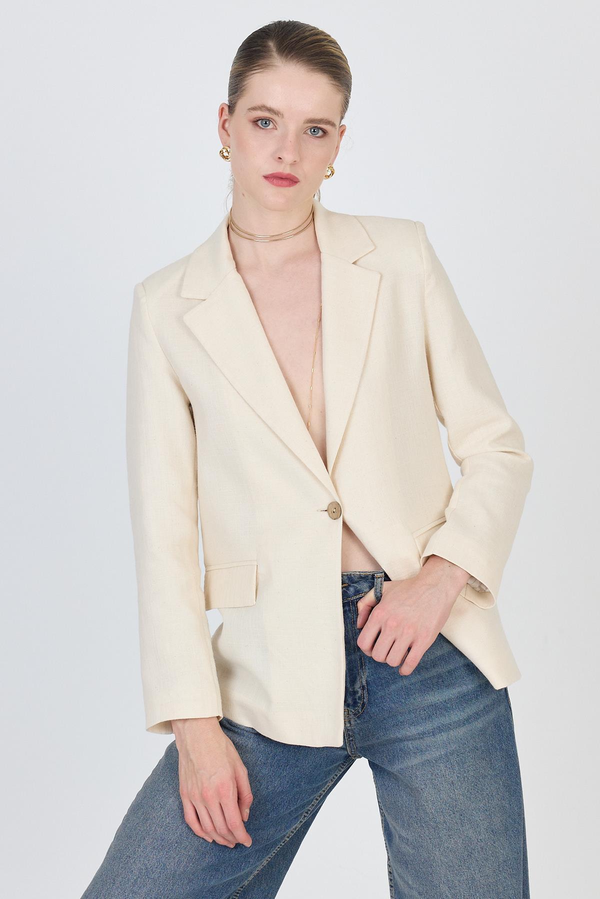 Natural Keten Görünümlü %100 Pamuk Astarlı Blazer Ceket 6023-3 - 1
