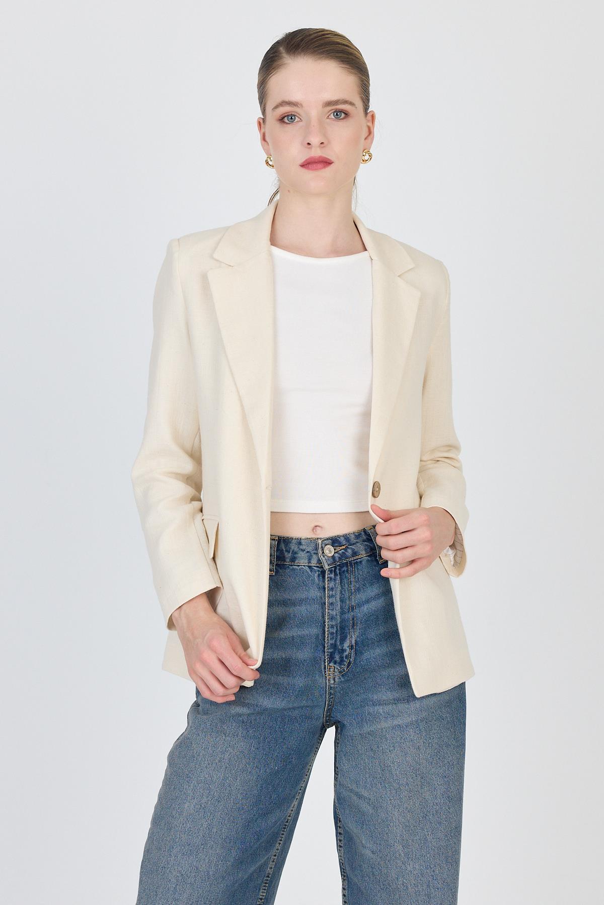 Natural Keten Görünümlü %100 Pamuk Astarlı Blazer Ceket 6023-3 - 6