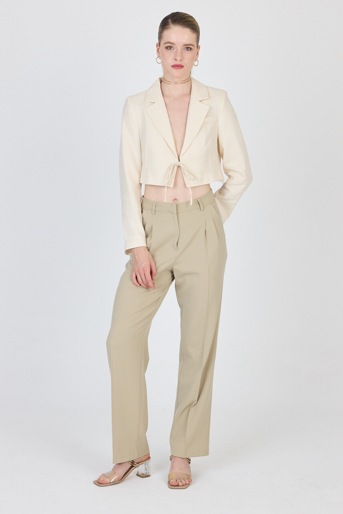 Natural Keten Görünümlü %100 Pamuk Bağlama Detaylı Crop Blazer Ceket 7070 - 6