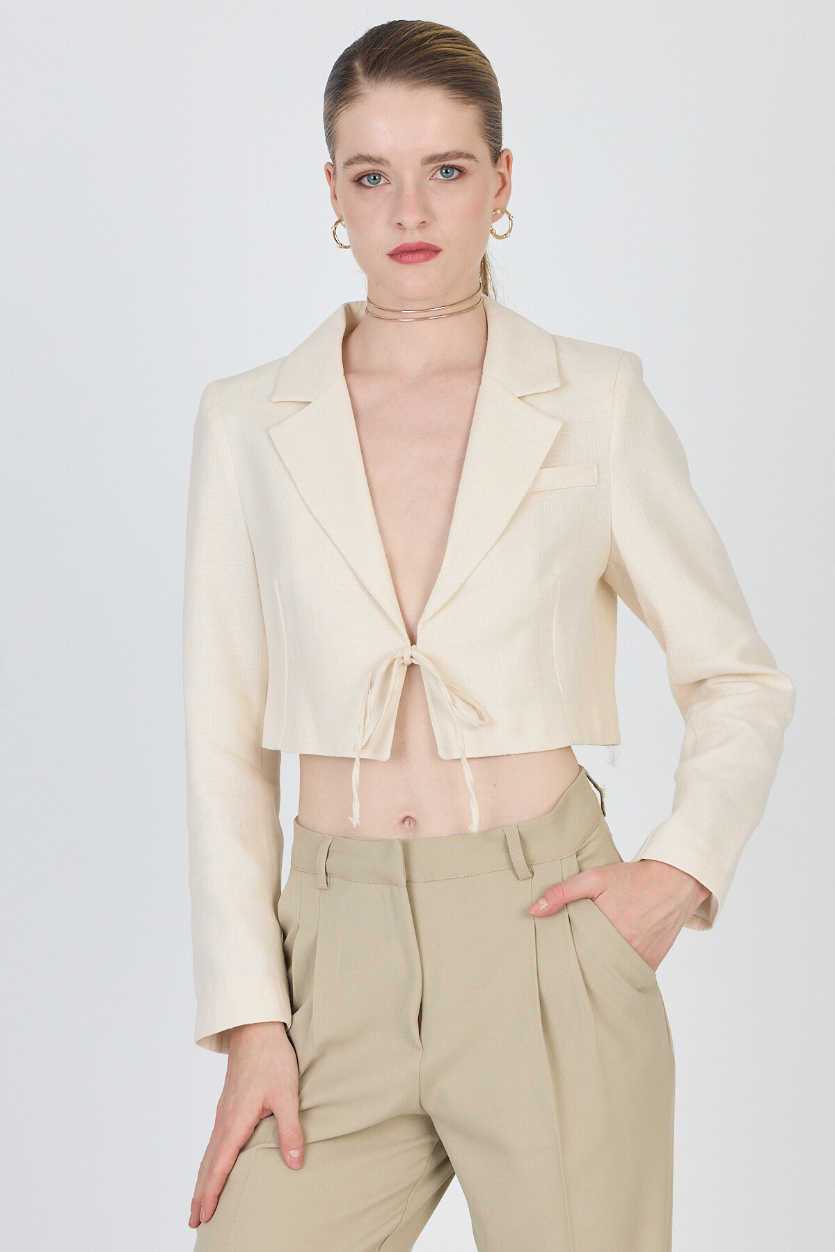 Natural Keten Görünümlü %100 Pamuk Bağlama Detaylı Crop Blazer Ceket 7070 - 2