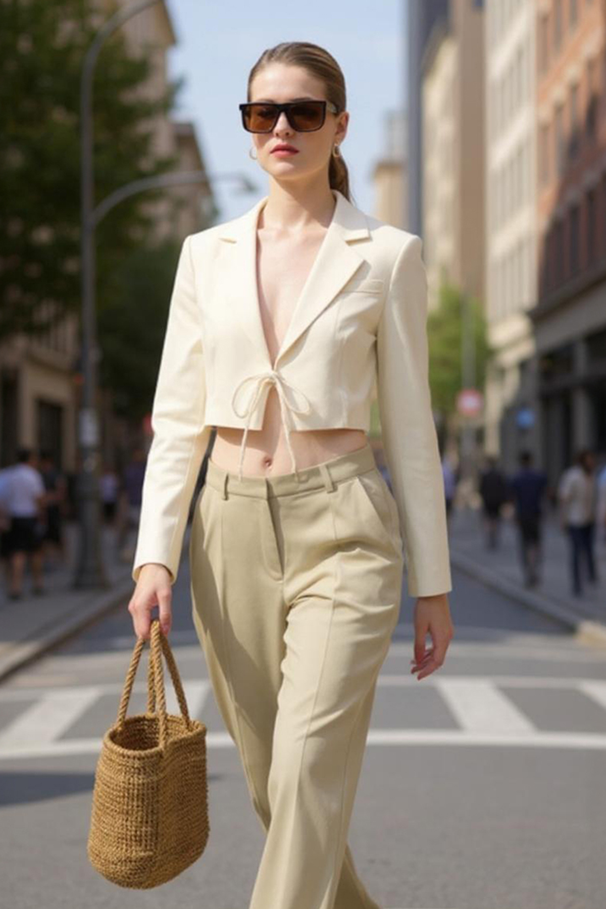 Natural Keten Görünümlü %100 Pamuk Bağlama Detaylı Crop Blazer Ceket 7070 - 1