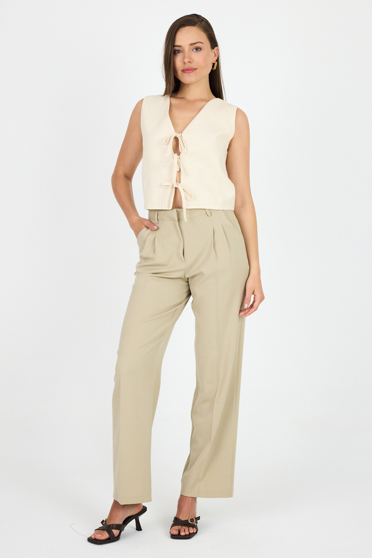 Natural Keten Görünümlü %100 Pamuk Bağlama Detaylı Yelek 3853 - RAYS