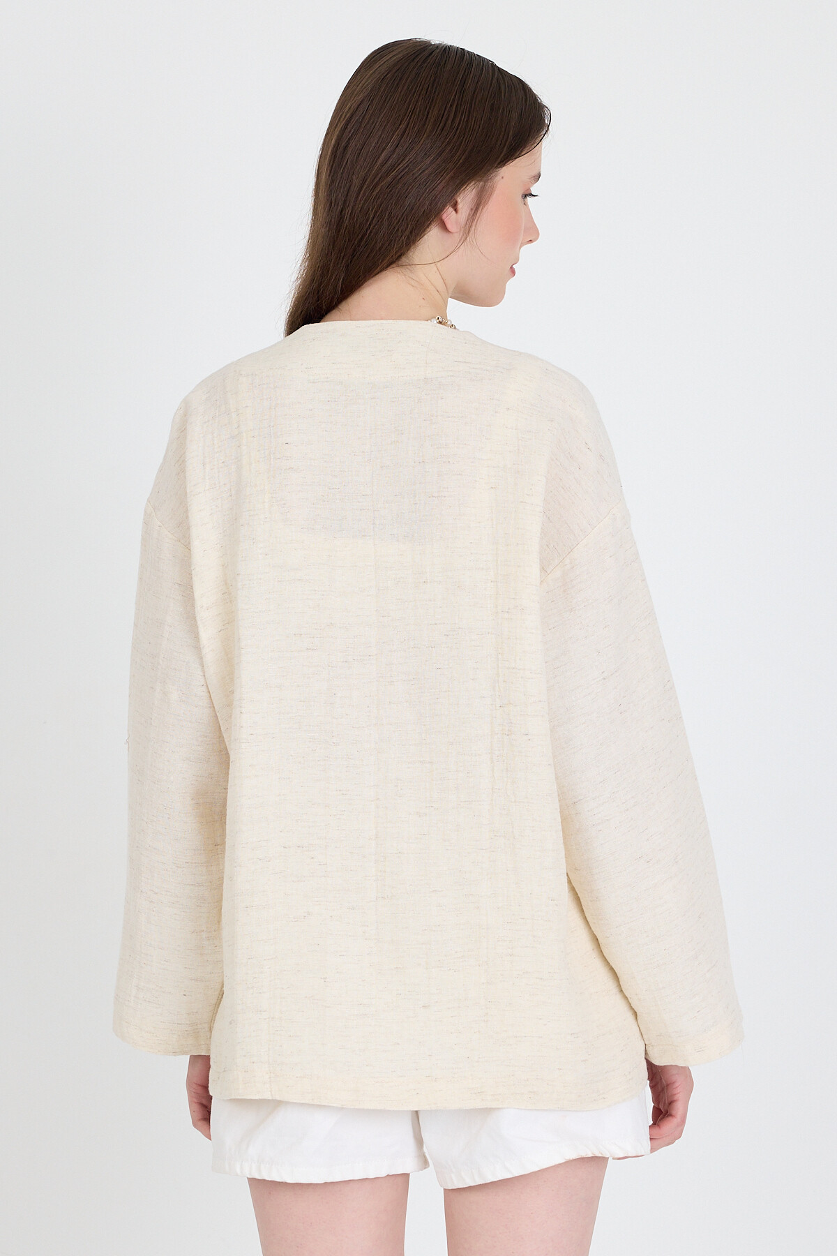 Natural Keten Görünümlü %100 Pamuk Bağlamalı Kimono 4818A - 5