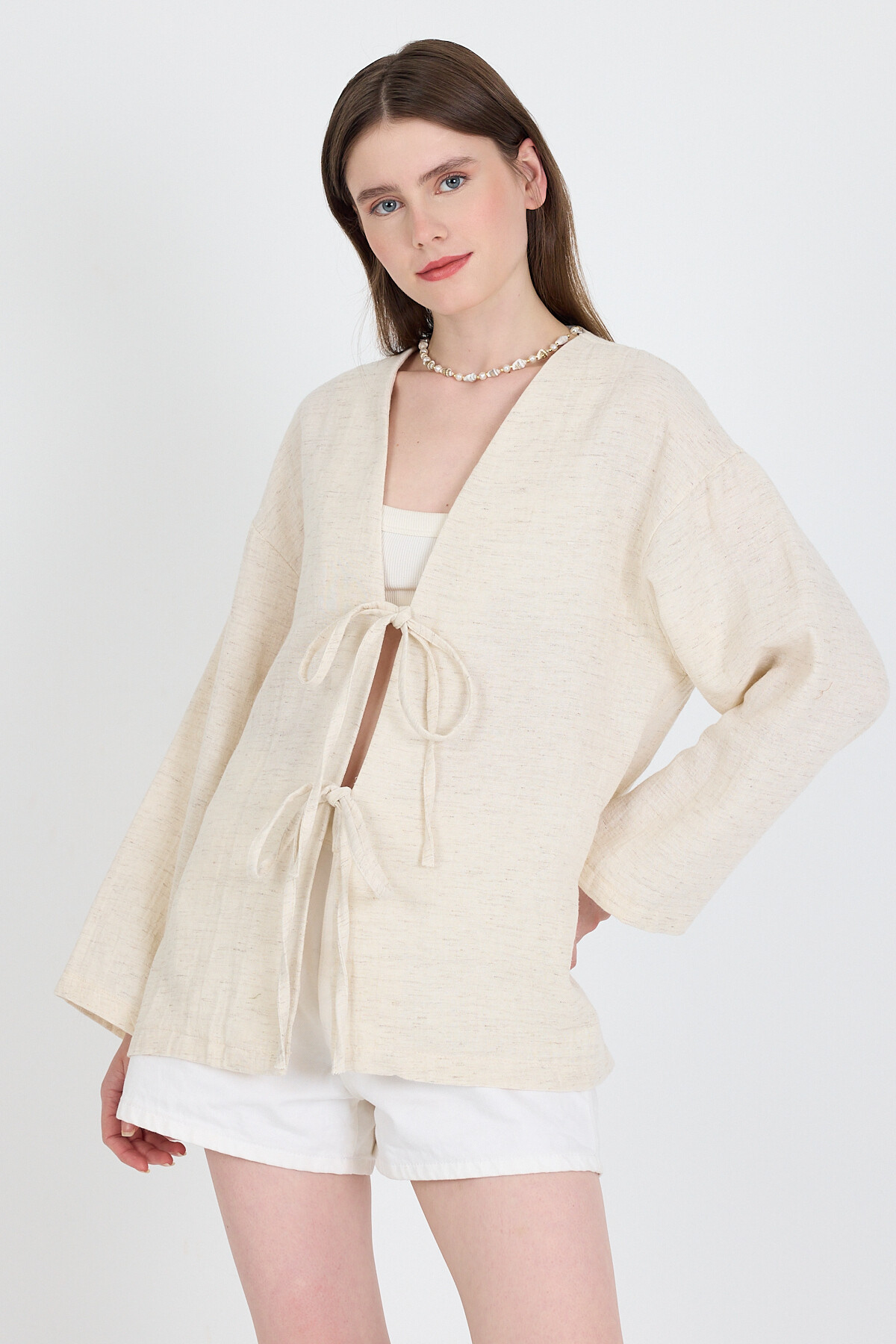 Natural Keten Görünümlü %100 Pamuk Bağlamalı Kimono 4818A - RAYS