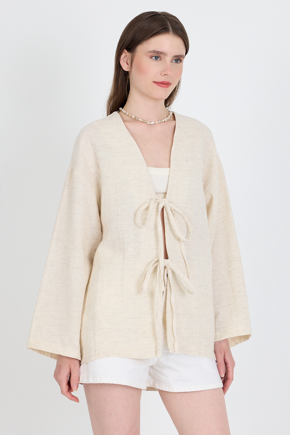 Natural Keten Görünümlü %100 Pamuk Bağlamalı Kimono 4818A - RAYS
