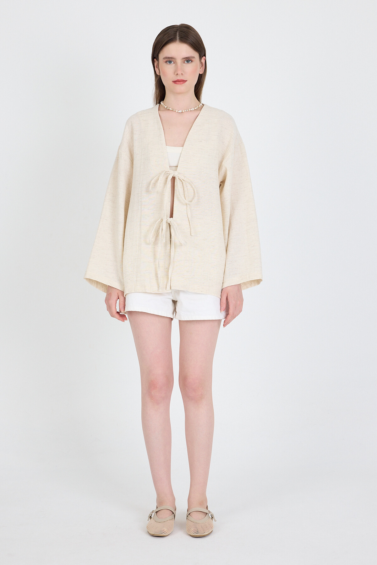 Natural Keten Görünümlü %100 Pamuk Bağlamalı Kimono 4818A - RAYS
