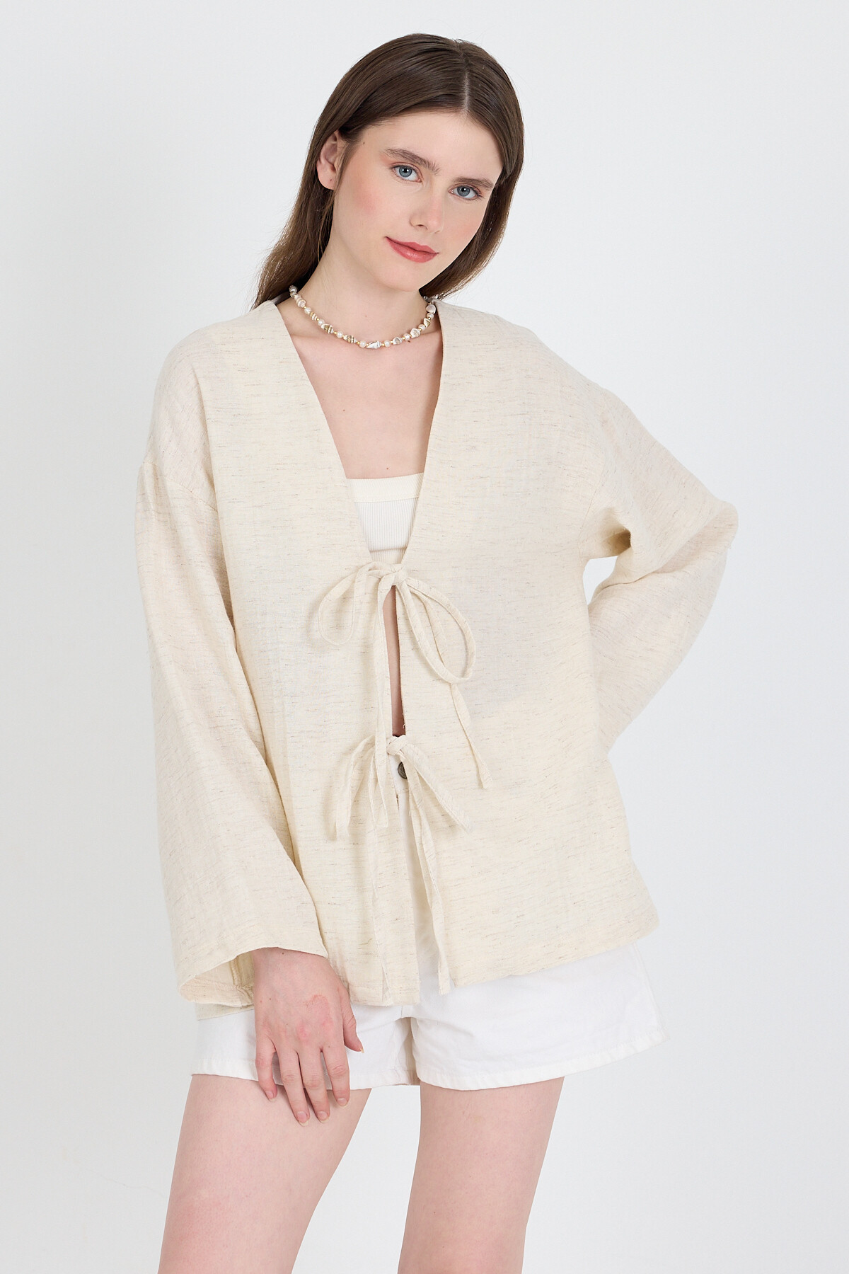 Natural Keten Görünümlü %100 Pamuk Bağlamalı Kimono 4818A - 6