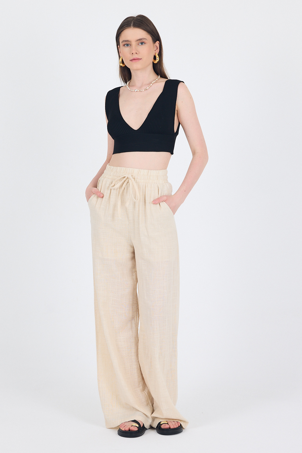 Natural Keten Görünümlü %100 Pamuk Bol Paça Pantolon 3040 - 2