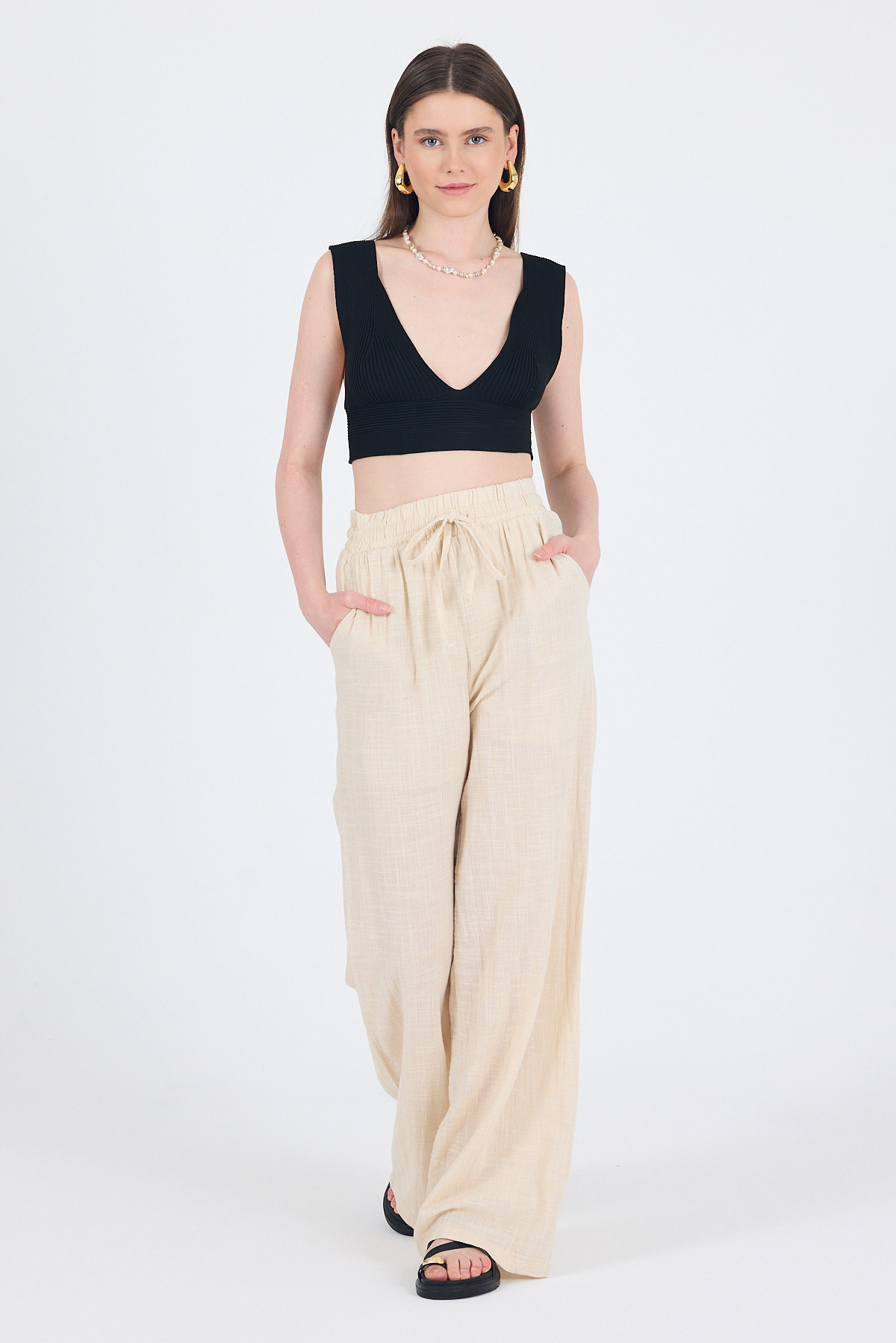 Natural Keten Görünümlü %100 Pamuk Bol Paça Pantolon 3040 - 3