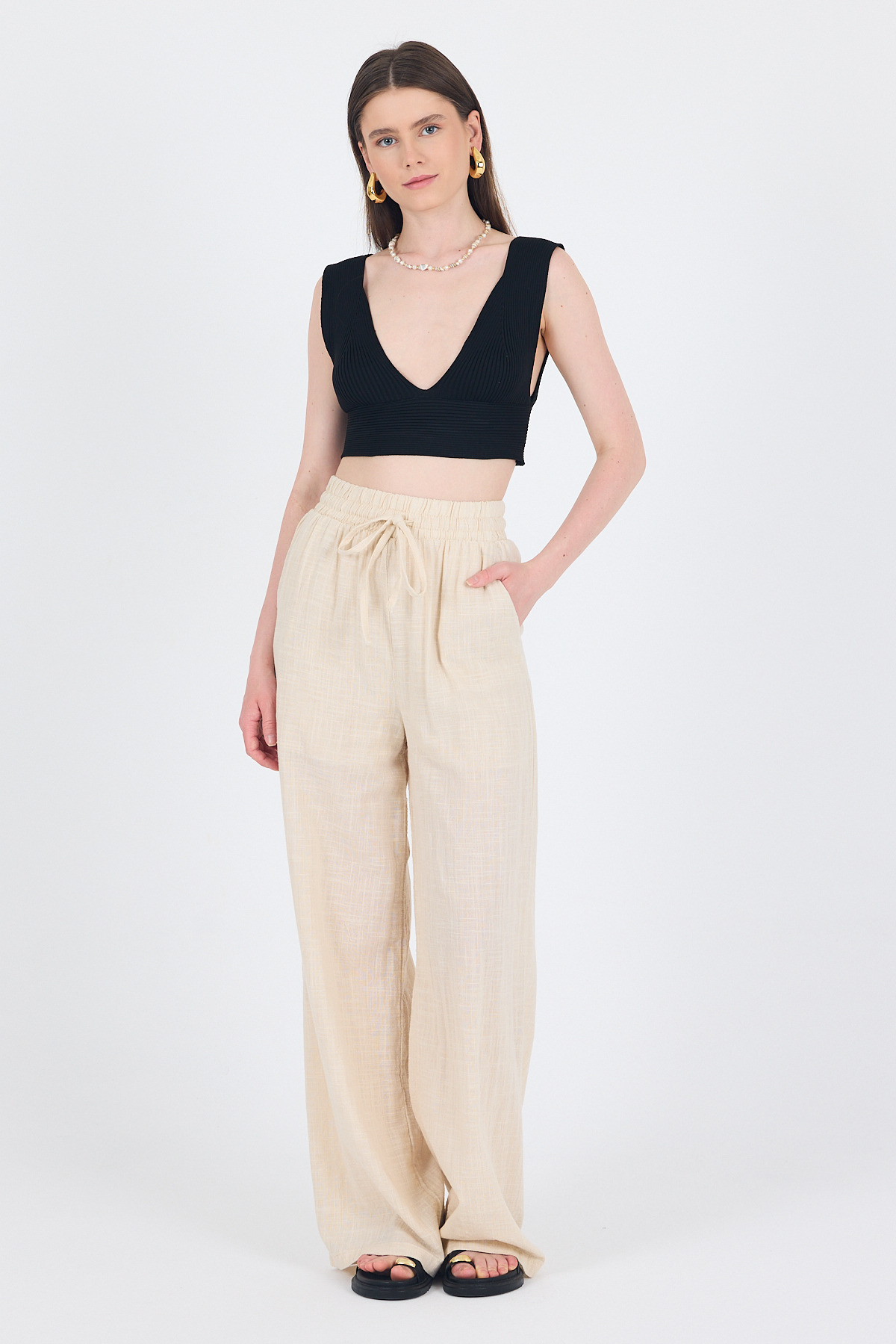 Natural Keten Görünümlü %100 Pamuk Bol Paça Pantolon 3040 - 7