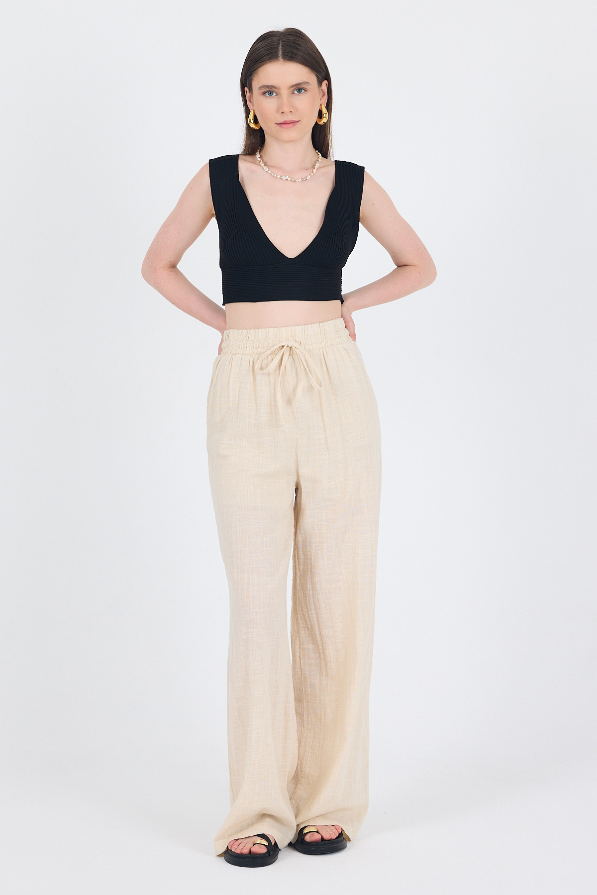 Natural Keten Görünümlü %100 Pamuk Bol Paça Pantolon 3040 - 1