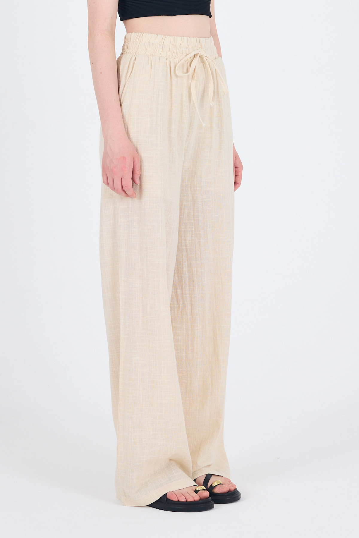 Natural Keten Görünümlü %100 Pamuk Bol Paça Pantolon 3040 - 5