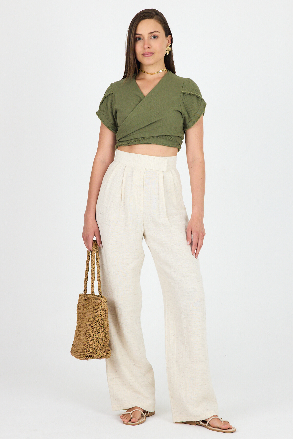 Natural Keten Görünümlü %100 Pamuk Cırt Kapama Detaylı Pantolon 4748A 