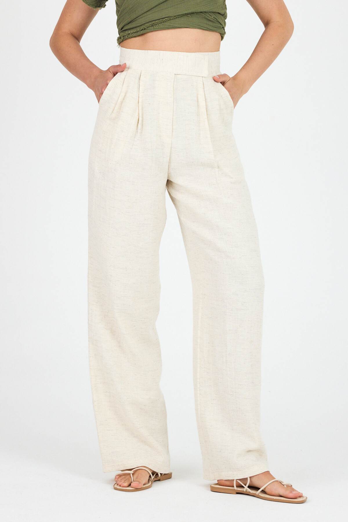 Natural Keten Görünümlü %100 Pamuk Cırt Kapama Detaylı Pantolon 4748A - 6