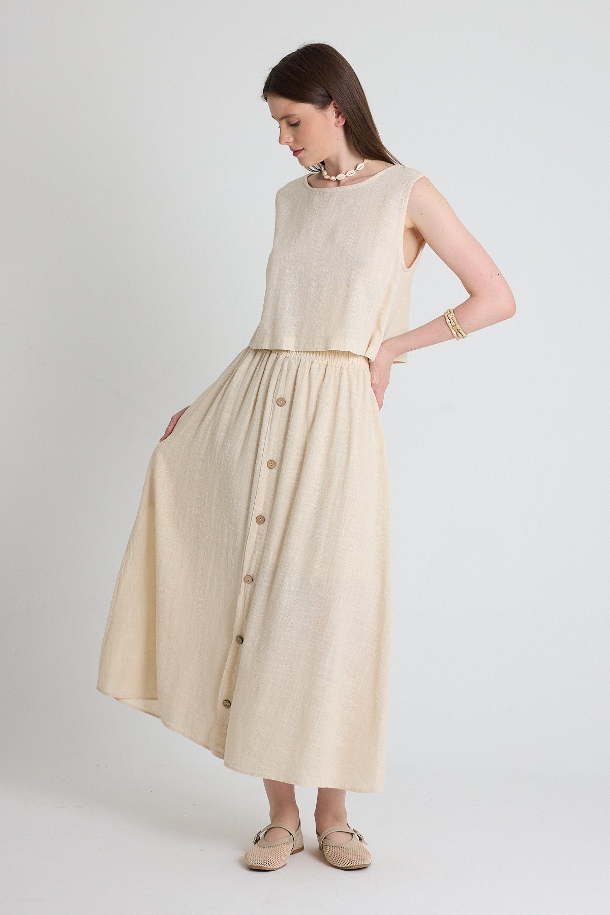 Natural Keten Görünümlü %100 Pamuk Düğmeli Midi Etek 3419 - RAYS
