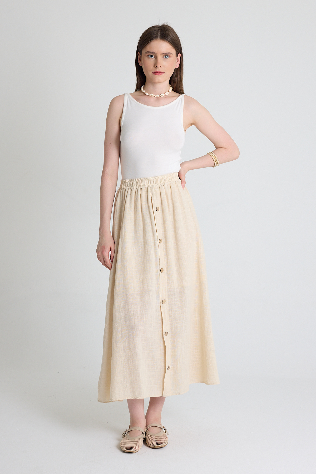 Natural Keten Görünümlü %100 Pamuk Düğmeli Midi Etek 3419 - RAYS