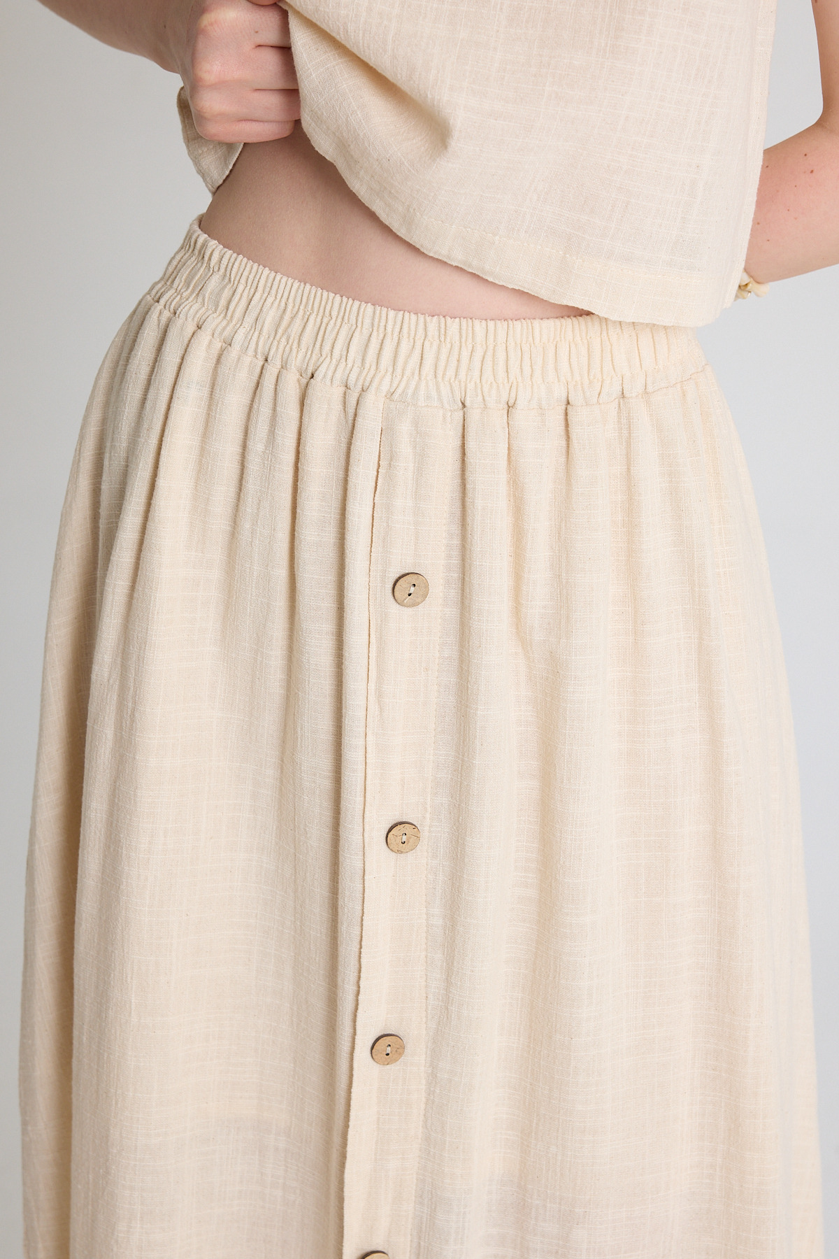 Natural Keten Görünümlü %100 Pamuk Düğmeli Midi Etek 3419 - 4