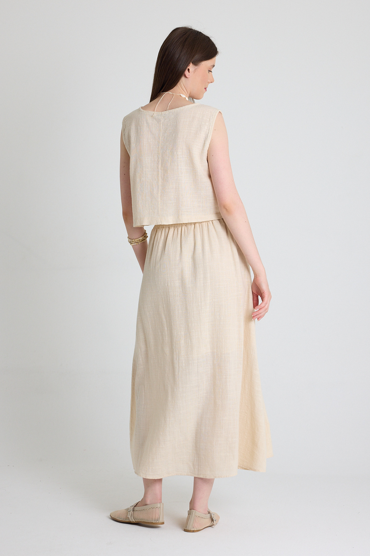 Natural Keten Görünümlü %100 Pamuk Düğmeli Midi Etek 3419 - 5