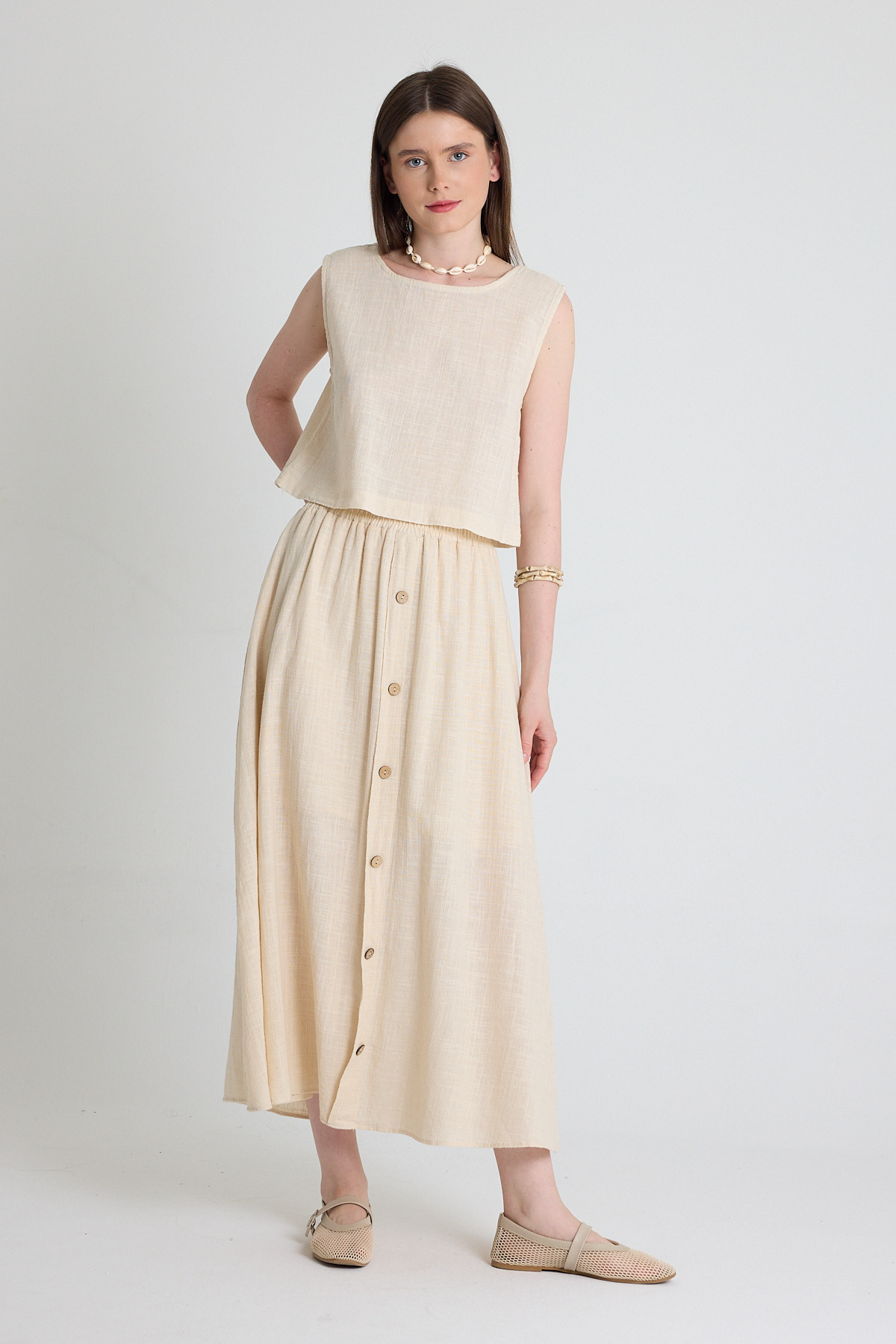 Natural Keten Görünümlü %100 Pamuk Düğmeli Midi Etek 3419 - 6