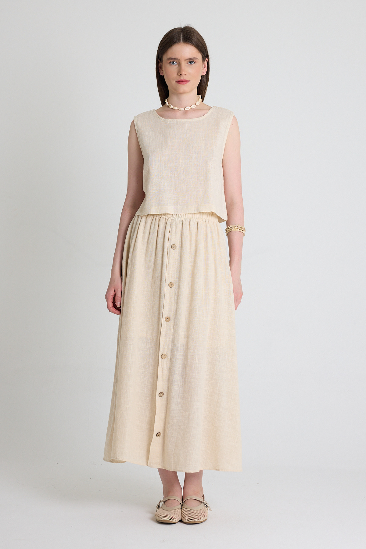 Natural Keten Görünümlü %100 Pamuk Düğmeli Midi Etek 3419 - 2