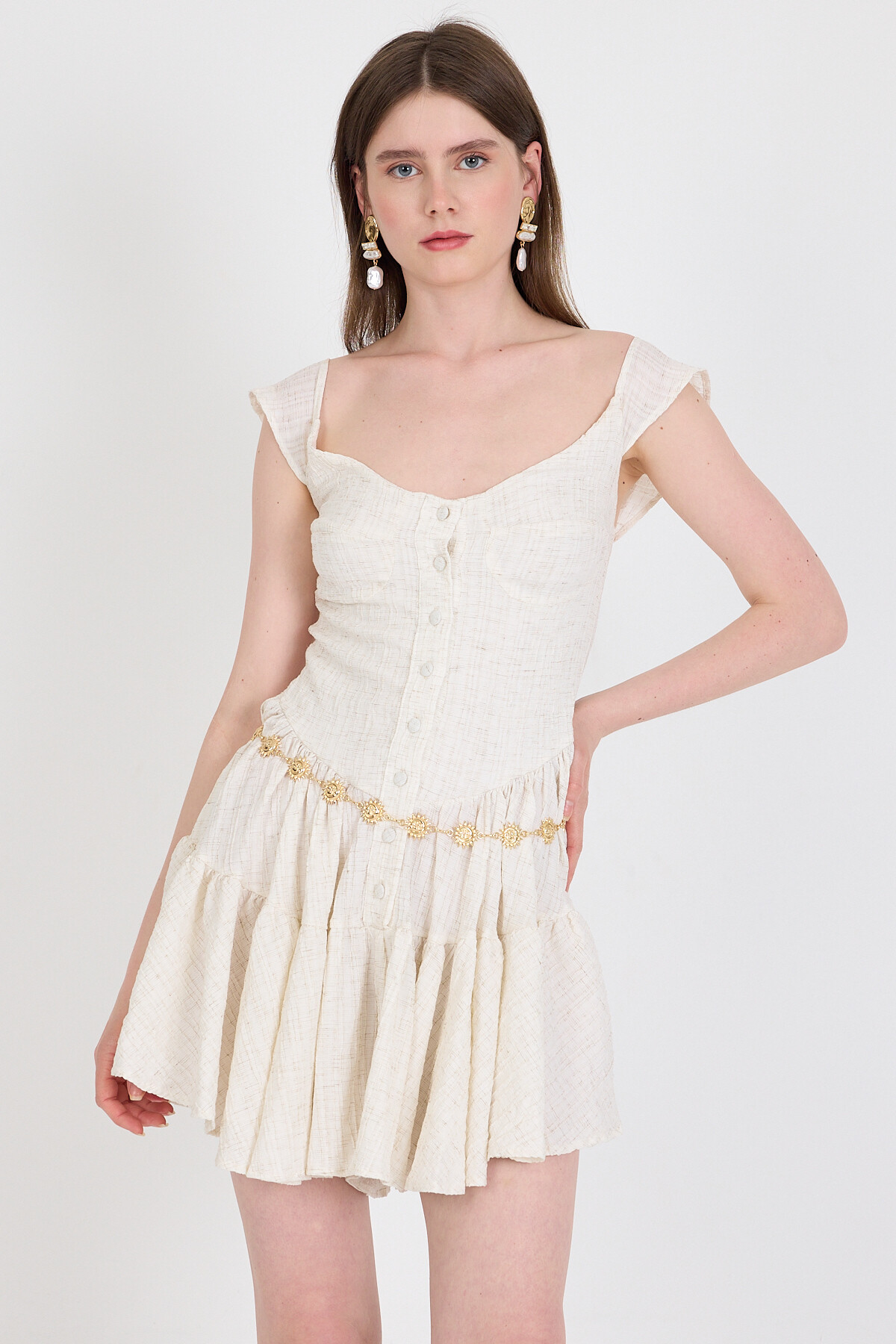 Natural Keten Görünümlü %100 Pamuk Düğmeli Volanlı Elbise 6789 - RAYS