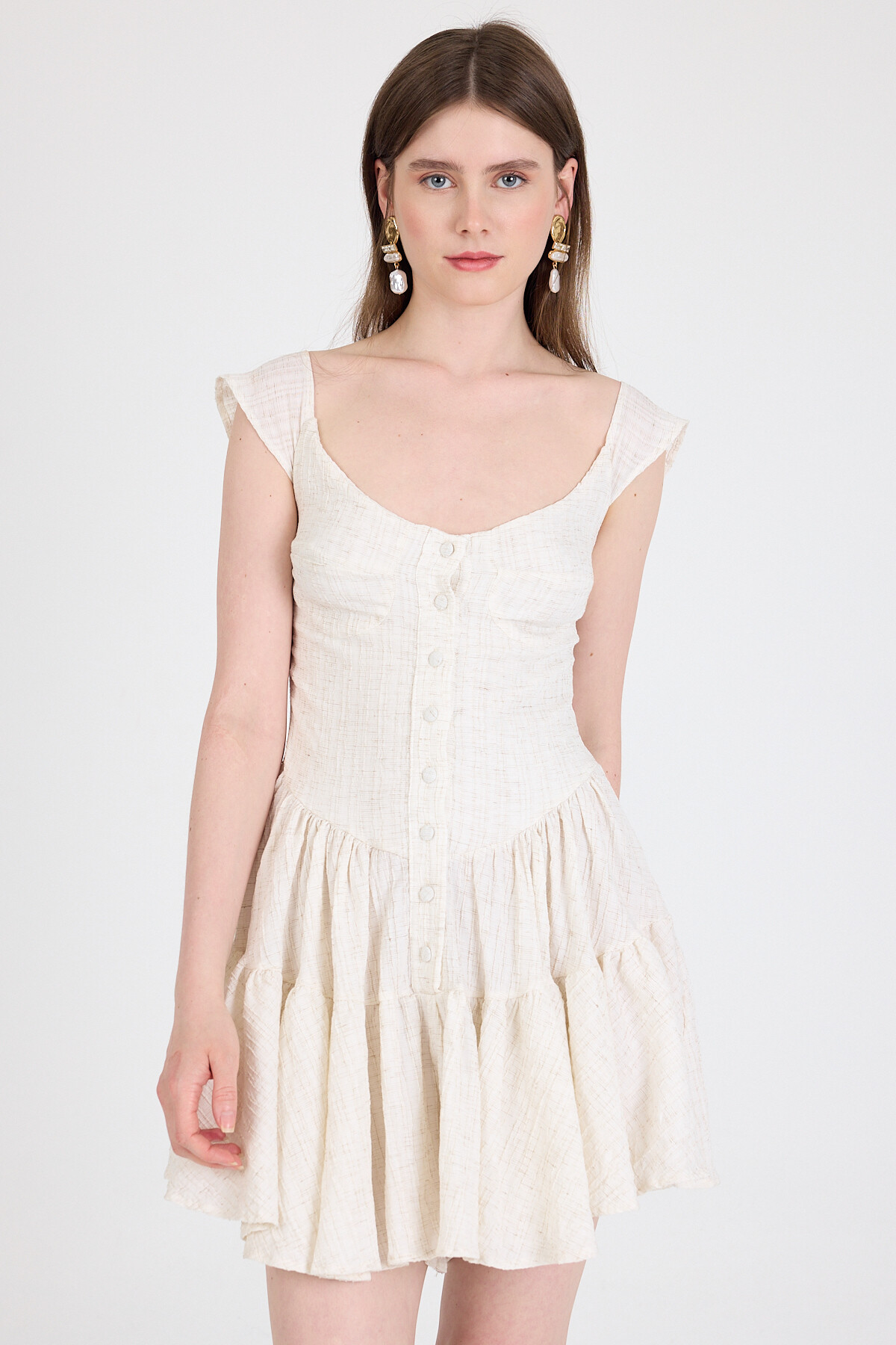 Natural Keten Görünümlü %100 Pamuk Düğmeli Volanlı Elbise 6789 - 6