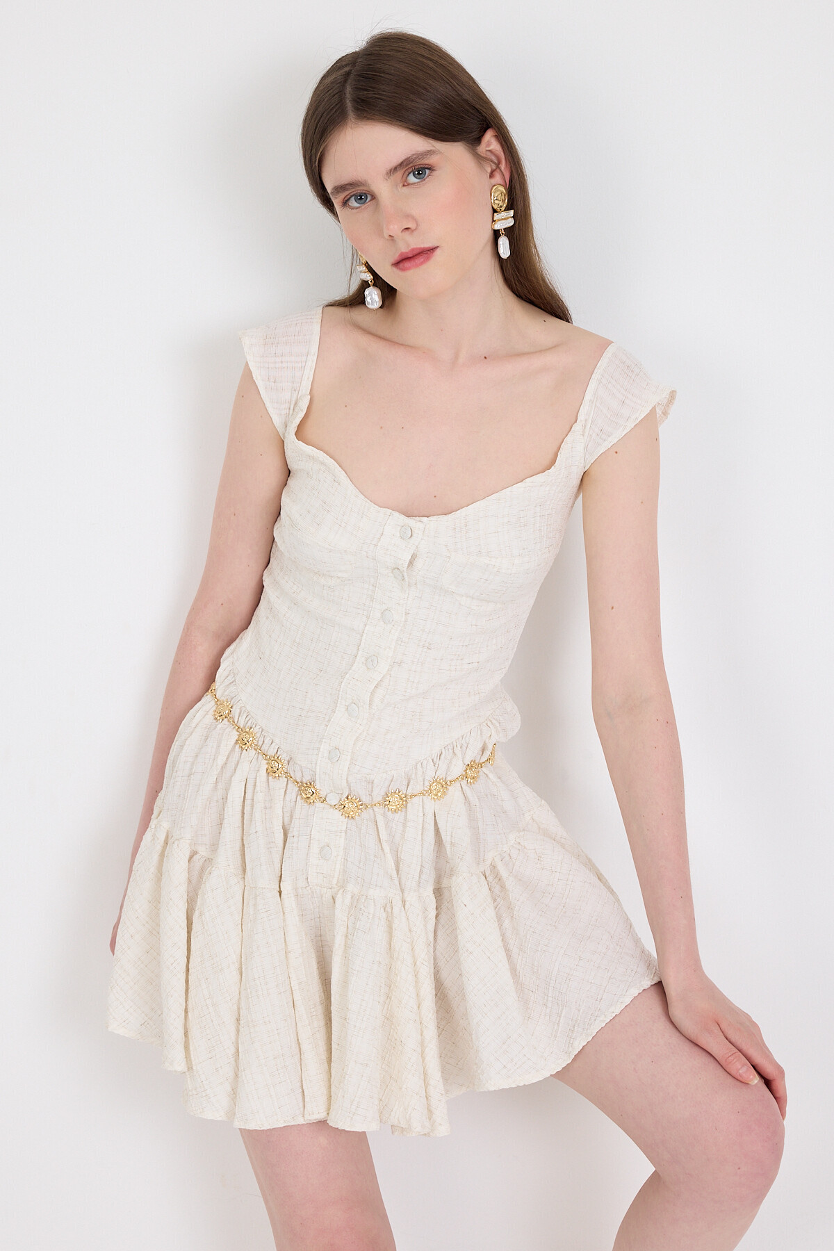 Natural Keten Görünümlü %100 Pamuk Düğmeli Volanlı Elbise 6789 - 1