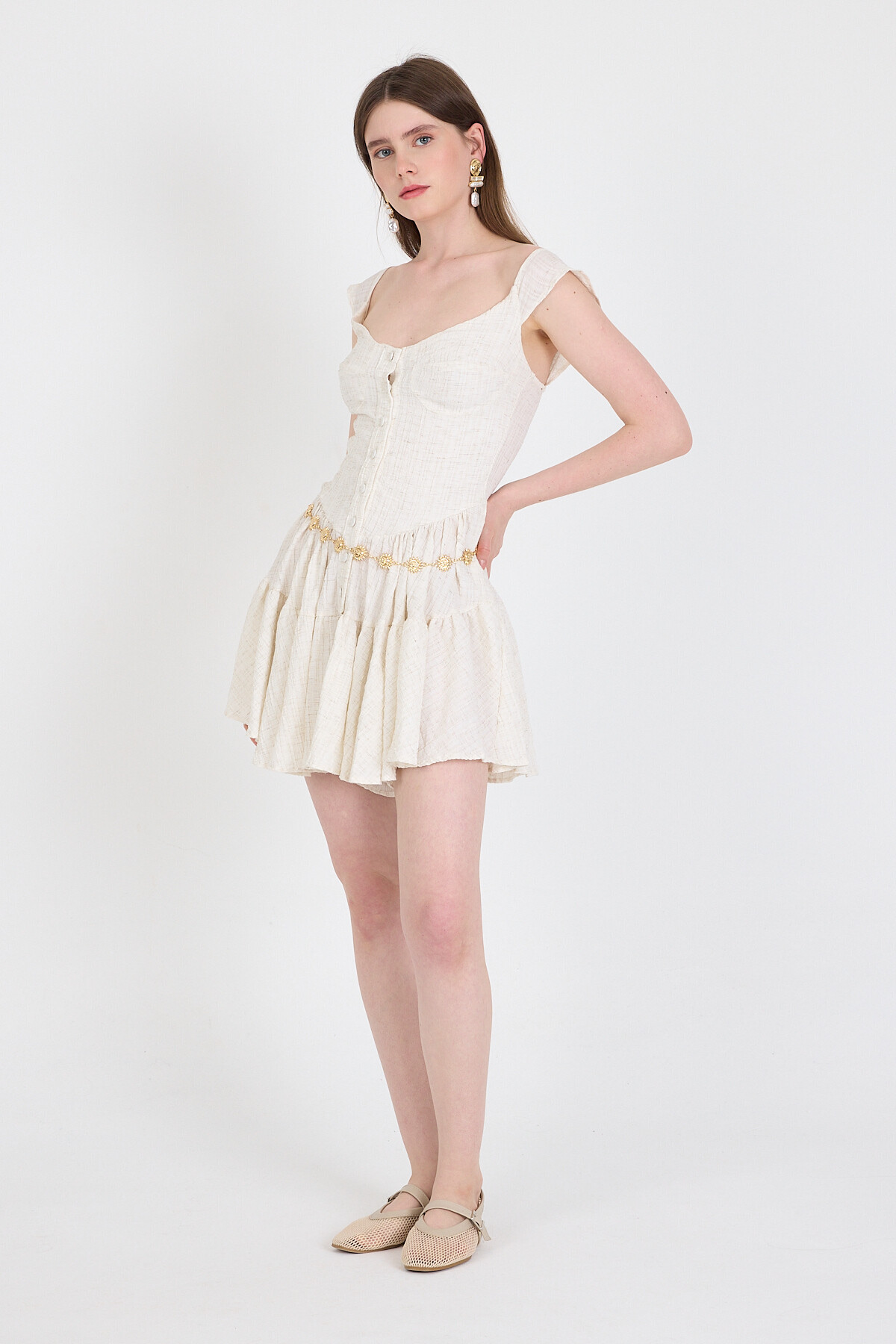 Natural Keten Görünümlü %100 Pamuk Düğmeli Volanlı Elbise 6789 - 3