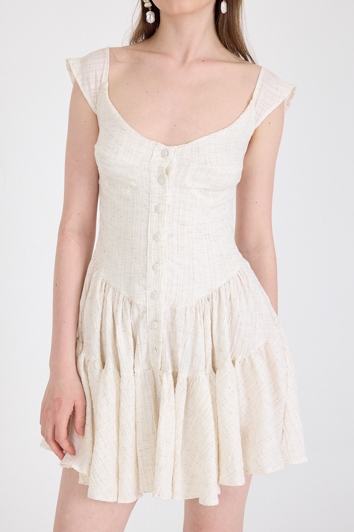 Natural Keten Görünümlü %100 Pamuk Düğmeli Volanlı Elbise 6789 - 4