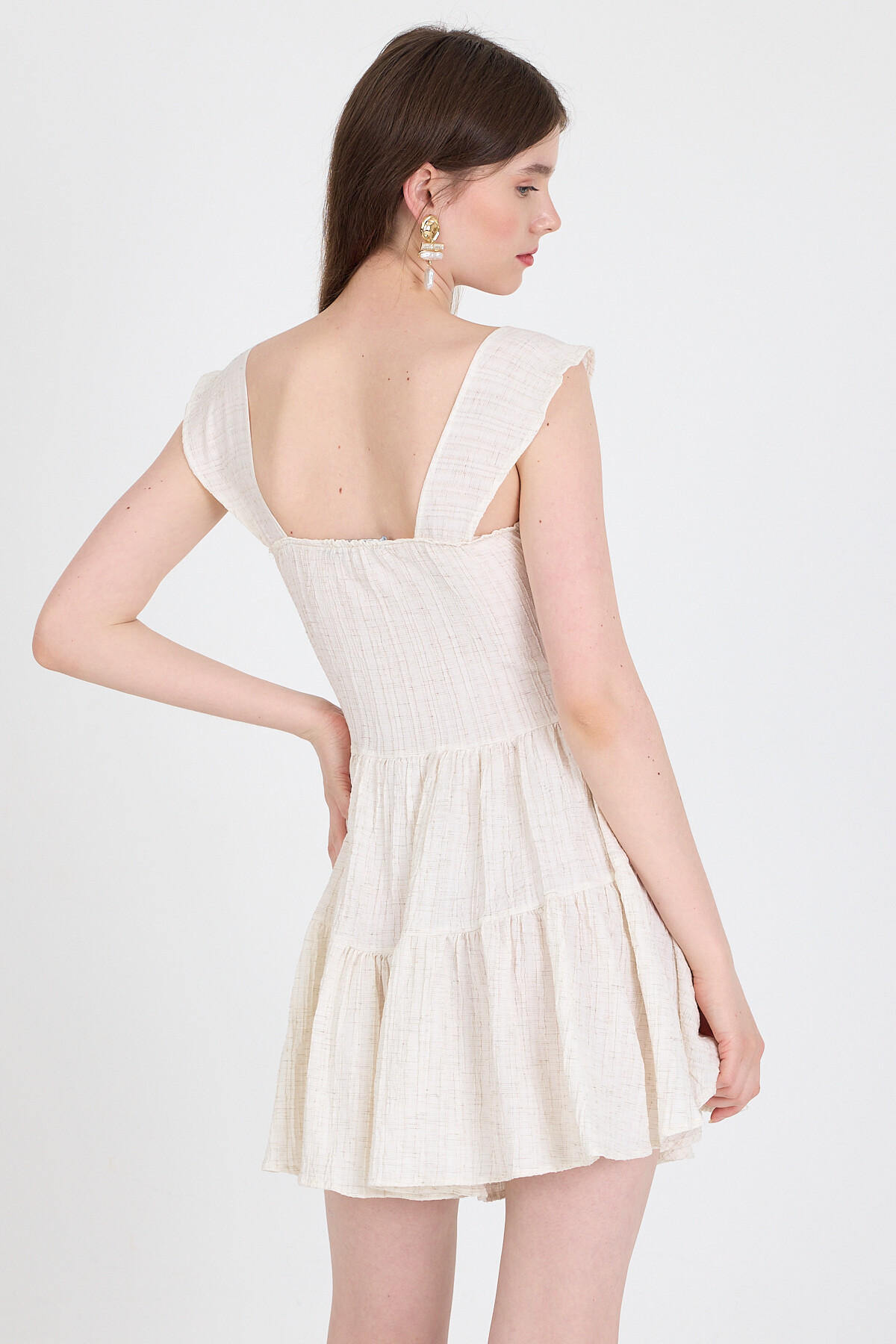 Natural Keten Görünümlü %100 Pamuk Düğmeli Volanlı Elbise 6789 - 5