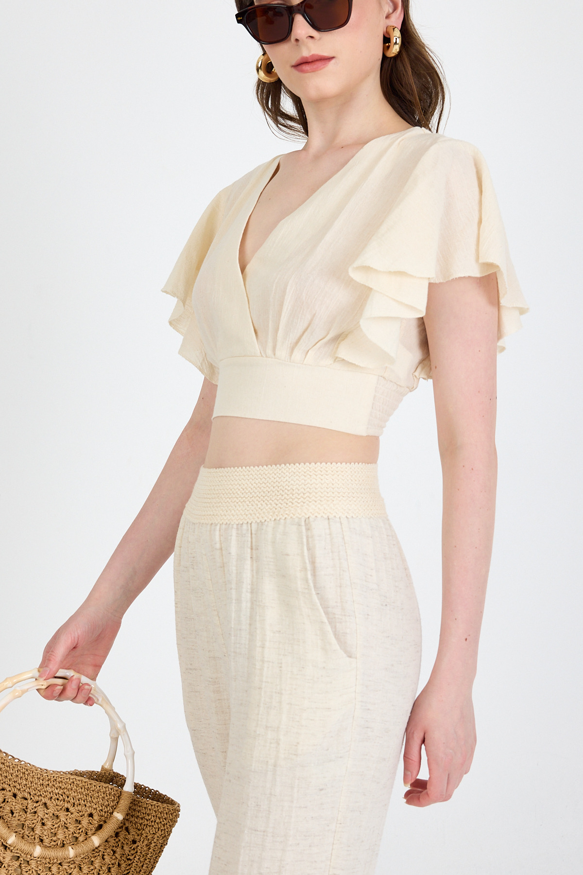 Natural Keten Görünümlü %100 Pamuk Fırfır Kol Detaylı Crop Bluz 6942 - RAYS