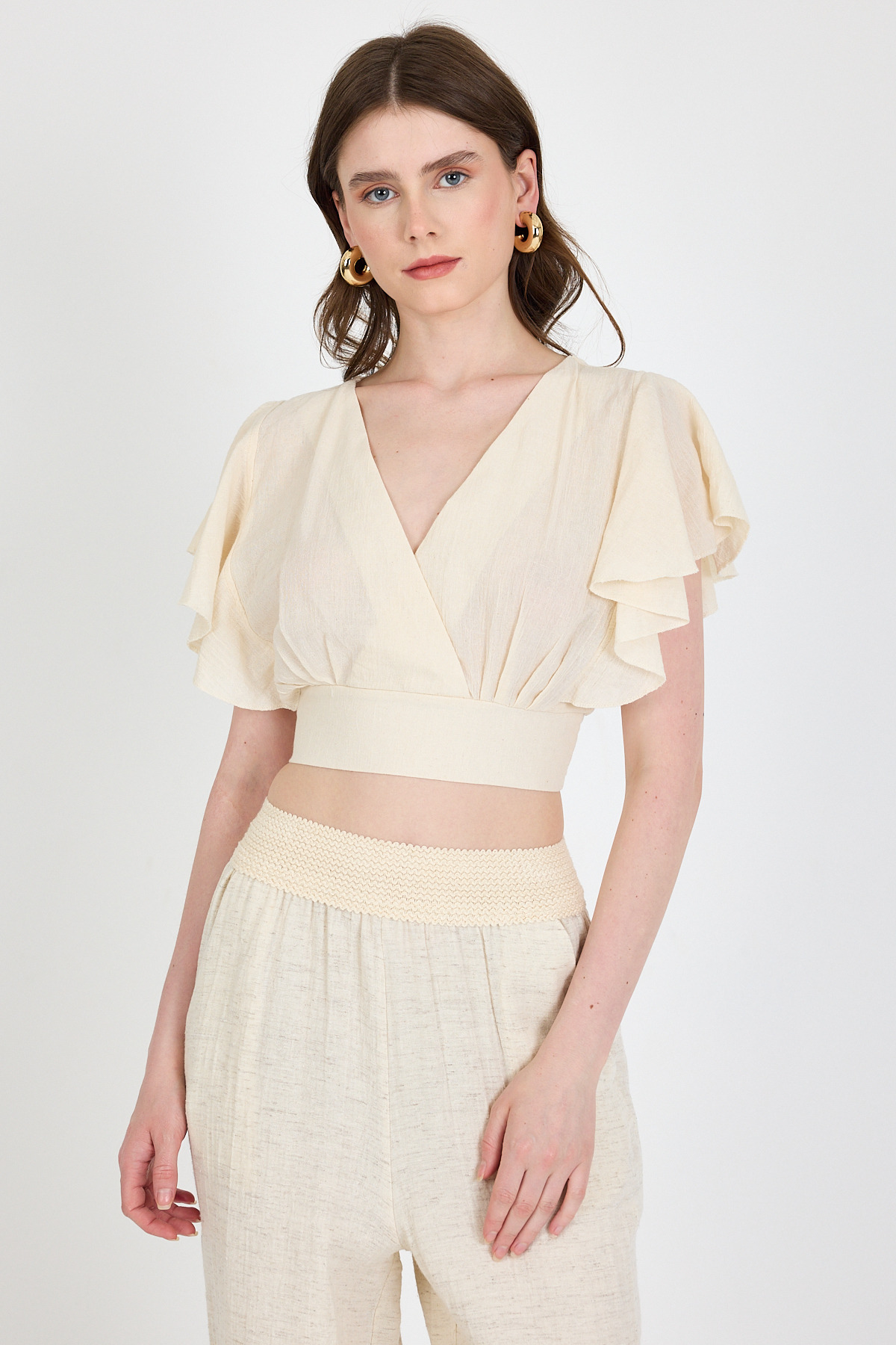 Natural Keten Görünümlü %100 Pamuk Fırfır Kol Detaylı Crop Bluz 6942 