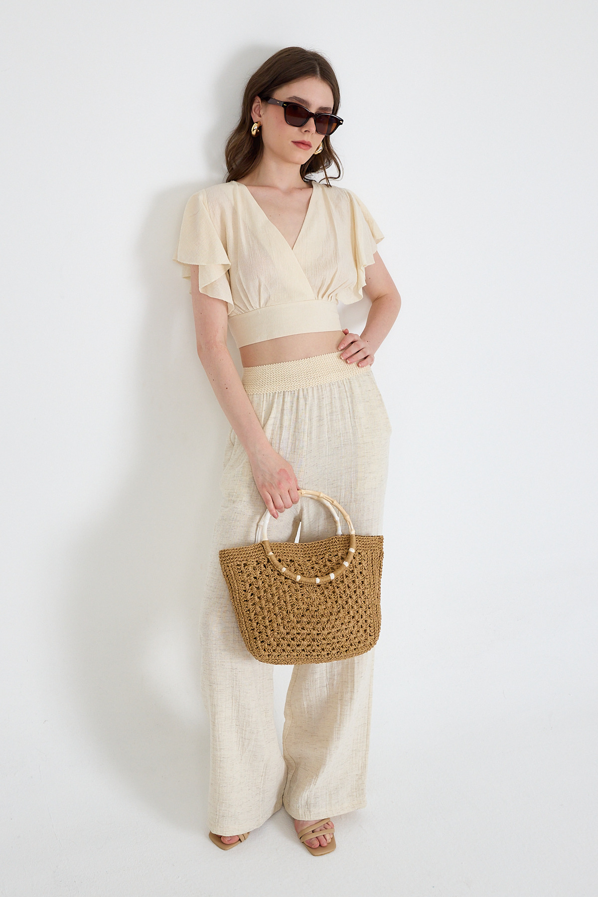 Natural Keten Görünümlü %100 Pamuk Fırfır Kol Detaylı Crop Bluz 6942 - 3