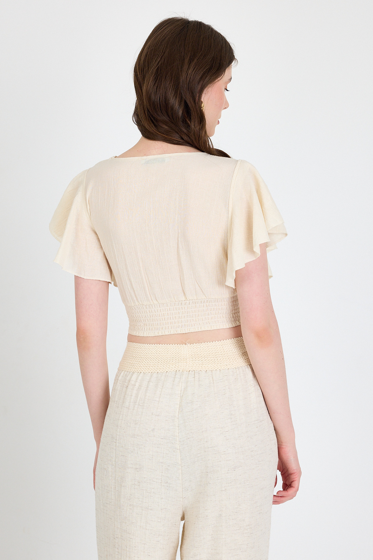 Natural Keten Görünümlü %100 Pamuk Fırfır Kol Detaylı Crop Bluz 6942 - 5