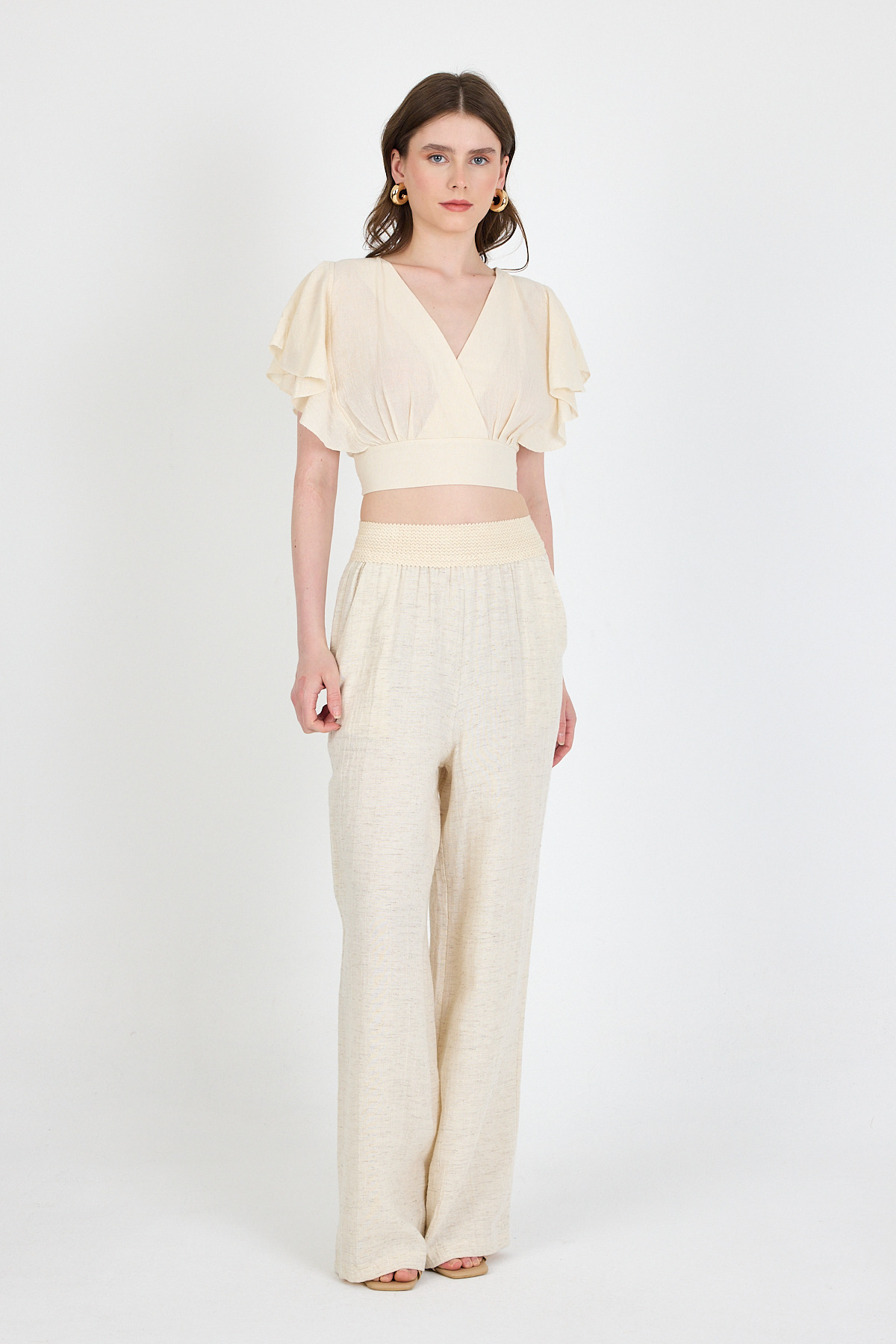 Natural Keten Görünümlü %100 Pamuk Fırfır Kol Detaylı Crop Bluz 6942 - 6