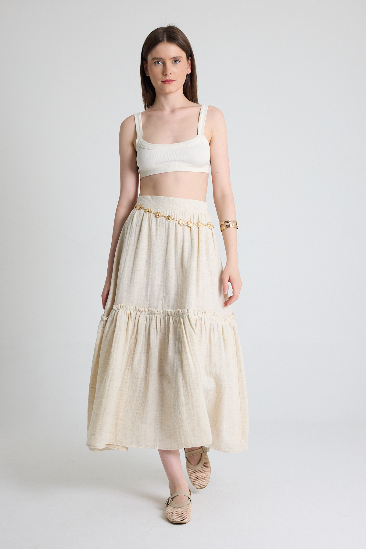 Natural Keten Görünümlü %100 Pamuk Kat Detaylı Fırfırlı Etek 4711A - RAYS