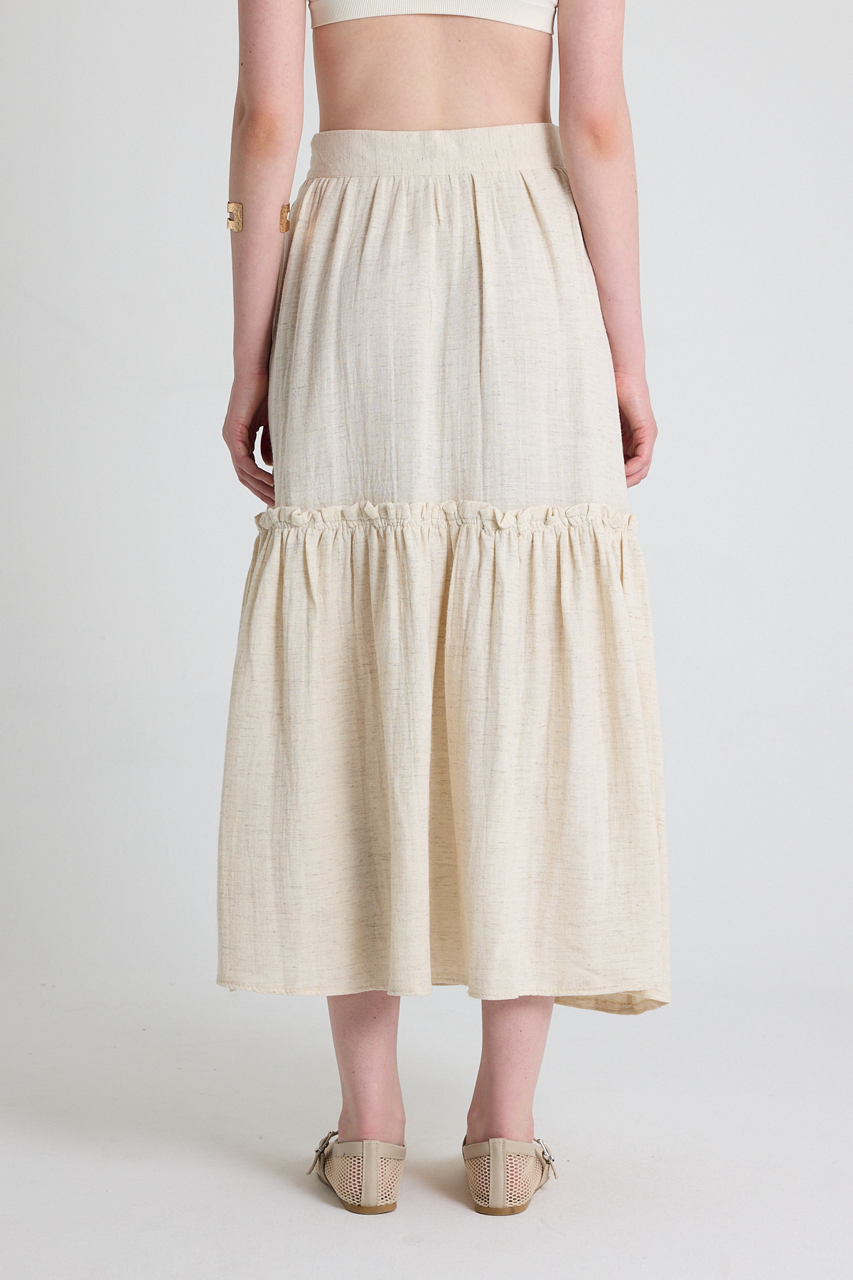 Natural Keten Görünümlü %100 Pamuk Kat Detaylı Fırfırlı Etek 4711A - 5