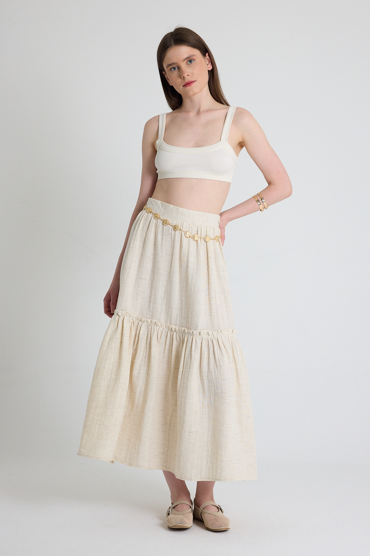 Natural Keten Görünümlü %100 Pamuk Kat Detaylı Fırfırlı Etek 4711A 