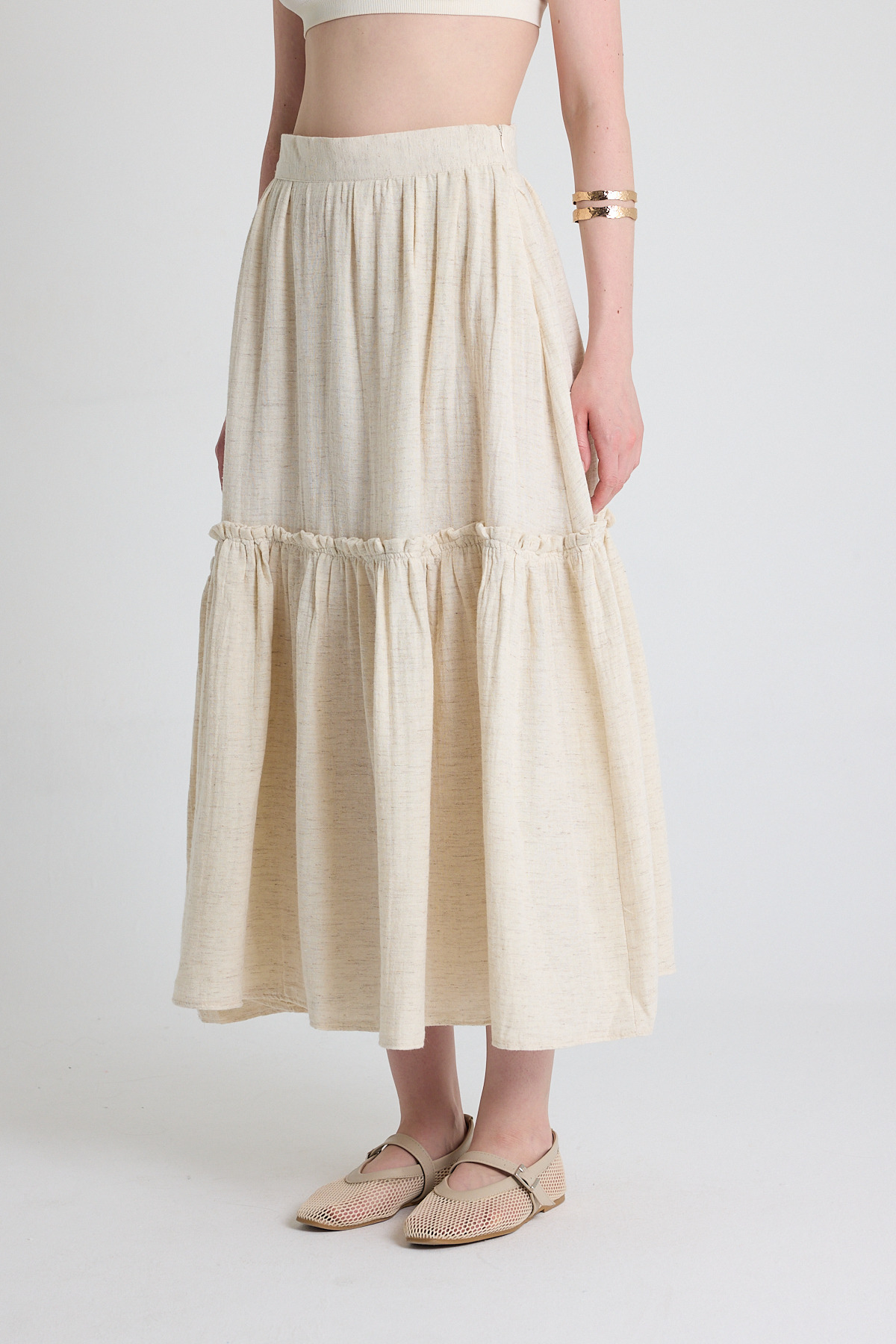 Natural Keten Görünümlü %100 Pamuk Kat Detaylı Fırfırlı Etek 4711A - 3