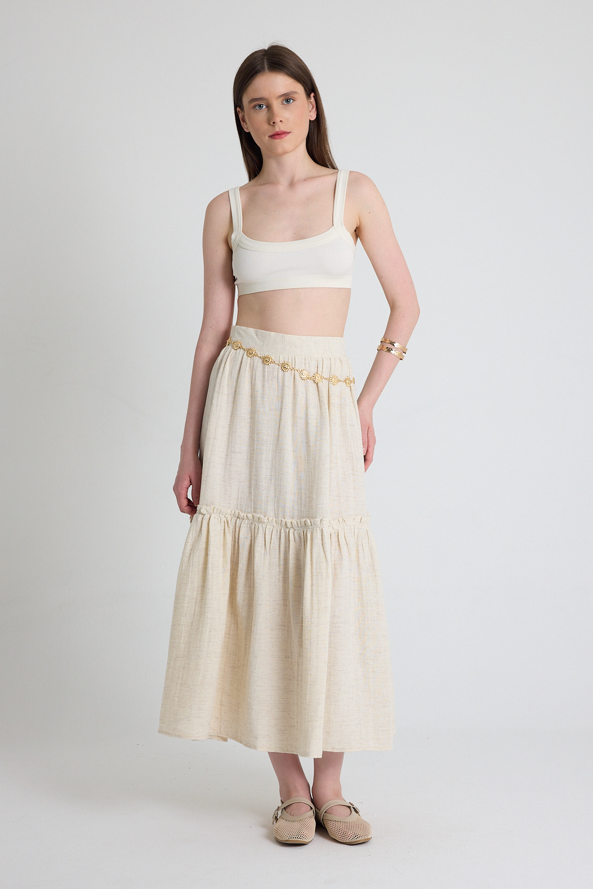 Natural Keten Görünümlü %100 Pamuk Kat Detaylı Fırfırlı Etek 4711A - 6