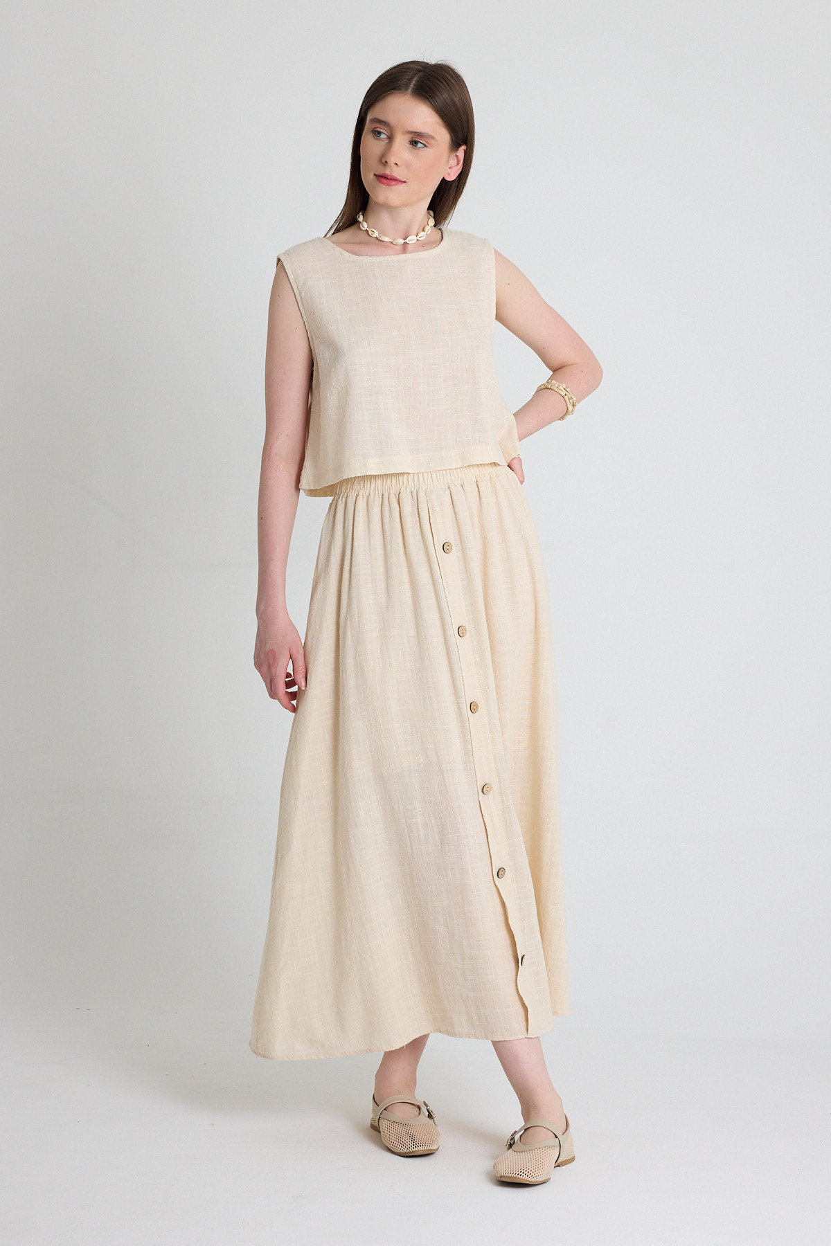 Natural Keten Görünümlü %100 Pamuk Kolsuz Crop Bluz 3419-1 - RAYS