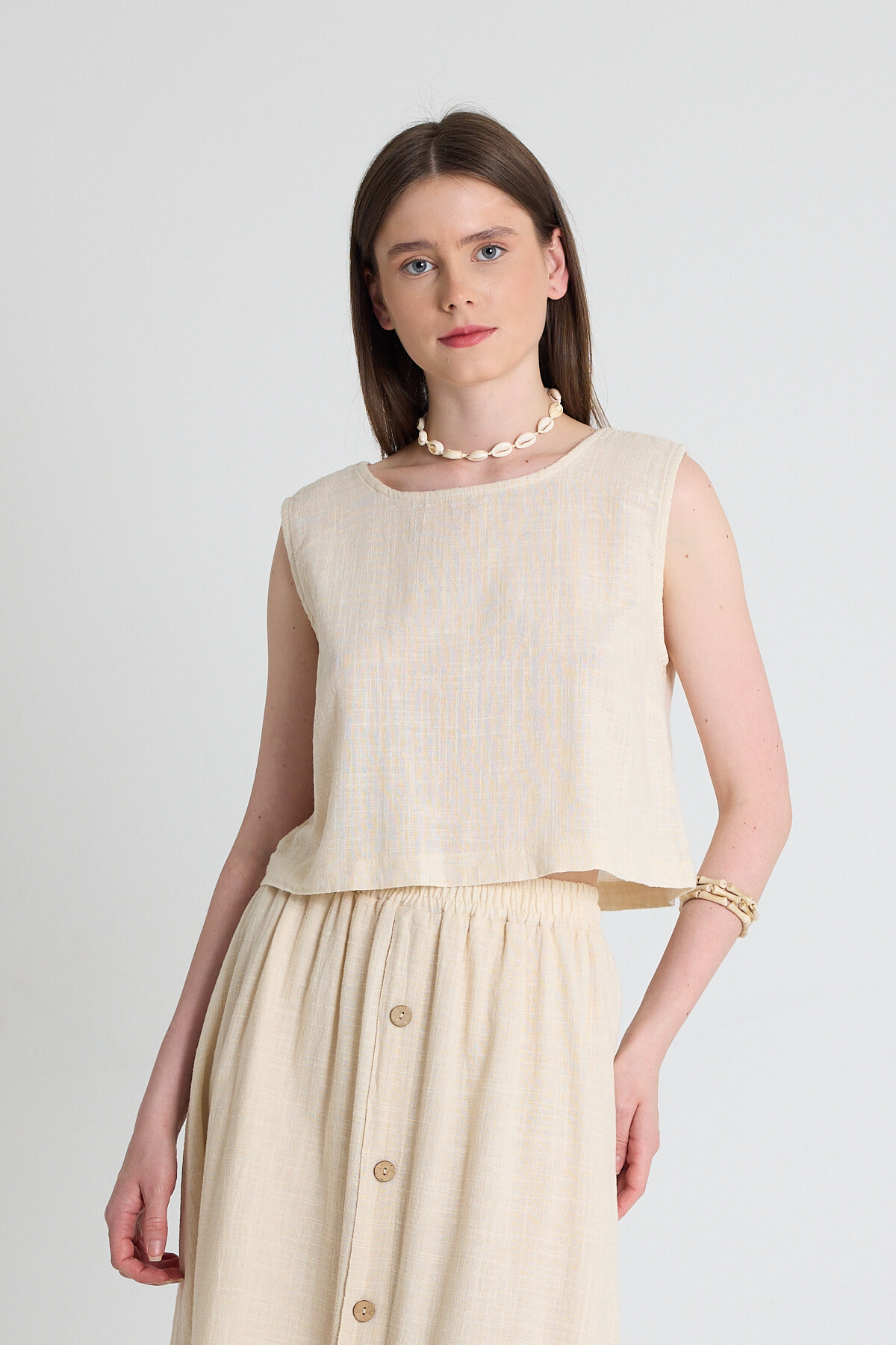 Natural Keten Görünümlü %100 Pamuk Kolsuz Crop Bluz 3419-1 - 2